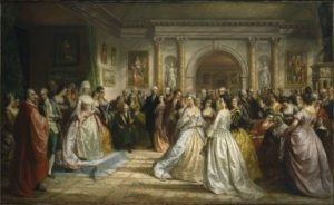 6. A fanciful interpretation of first lady Martha Washington's Friday evening drawing room.  The Republican Court (Lady Washington's Reception Day) by Daniel Huntington (American, 1816-1906),  1861. Oil on canvas, 66 x 109 1/16 in. (167.6 x 277 cm). Brooklyn Museum, gift of the Crescent-Hamilton Athletic Club, 39.536.1.