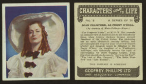 9. Joan Crawford as Peggy O'Neale Eaton in the 1936 movie "The Gorgeous Hussy," front and back of card.  From the New York Public Library collection of cigarette cards, "Characters come to life: a series of 36."